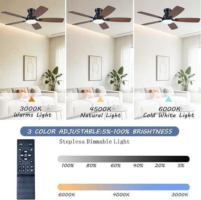 NKPU Ceiling Fans with Lights, Low Profile Ceiling Fan with Light and Remote/APP Control, DC Reversible Motor, Noiseless, Flush Mount, 46inch Brown Ceiling Fan for Bedroom Indoor/Outdoor Use