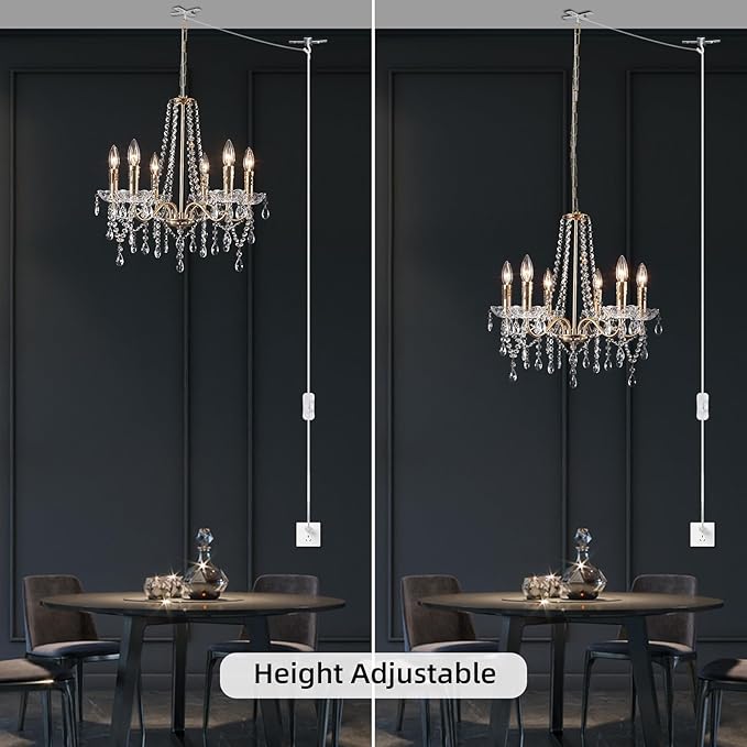 Crystal Plug in Chandelier Lighting with Long Cord, 6 Lights Gold French Country Plug in Pendant Light Modern Hanging Chandeliers for Dining Room Kitchen Bedroom Living Room