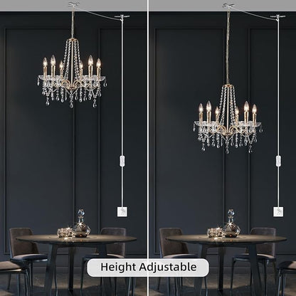 Crystal Plug in Chandelier Lighting with Long Cord, 6 Lights Gold French Country Plug in Pendant Light Modern Hanging Chandeliers for Dining Room Kitchen Bedroom Living Room