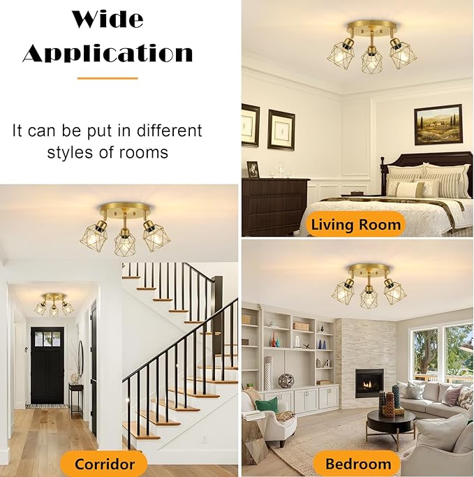 Baocuz 3-Light Brushed Gold Kitchen Light Fixtures, Modern Close to Ceiling Light with Metal Cage, Multi-Directional Gold Ceiling Lights for Farmhouse, Hallway, Dining Room, Entryway