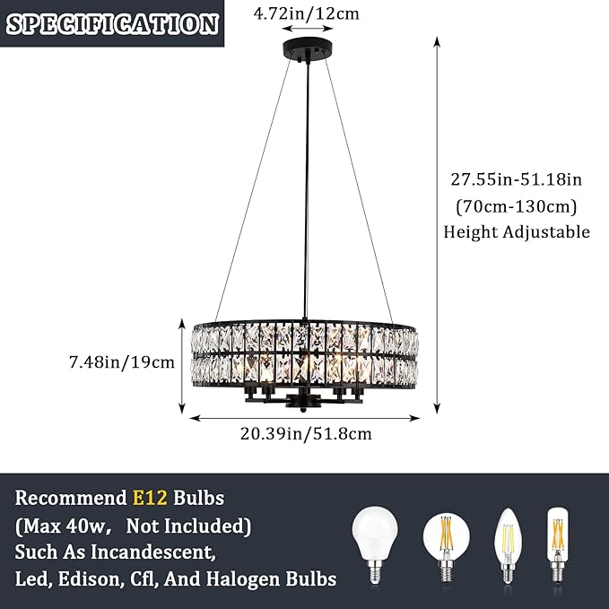 Modern Black Crystal Chandelier, 5-Light Round Crystal Chandeliers for Dining Room, 20" Contemporary Chandelier for Entryway, Living Room, Bedroom, Kitchen, Foyer Hanging Ceiling Lighting Fixtures