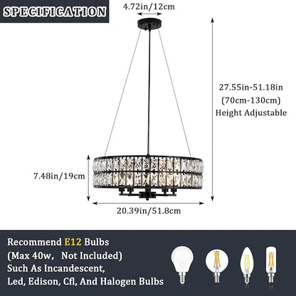 Modern Black Crystal Chandelier, 5-Light Round Crystal Chandeliers for Dining Room, 20" Contemporary Chandelier for Entryway, Living Room, Bedroom, Kitchen, Foyer Hanging Ceiling Lighting Fixtures