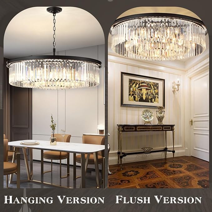 Large Crystal Chandelier Black Chandeliers Luxury Pendant Lights Fixture for Dining Living Room 12-Lights 3-Tier Raindrop Chandeliers Lighting (Black, Dia 31 Inch)