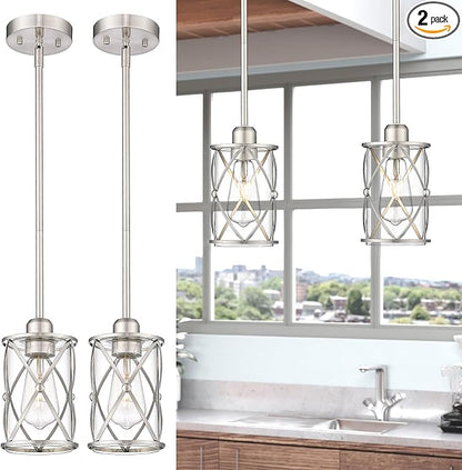 Brushed Nickel Pendant Lights Kitchen Island 2 Pack, Mini Glass Pendant Light Fixtures with Clear Glass, Modern Hanging Lighting for Kitchen Sink Dining Room Bathroom, CH9176BN-2PK