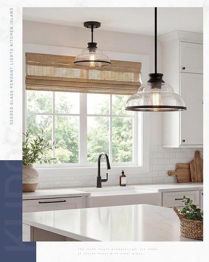 kudos Pendant Lights Kitchen Island, 11" Black Pendant Lights with Seeded Glass Shade, Farmhouse Large Pendant Light fixtures for Kitchen Sink Dining Room Hallways, KDPL14-BK