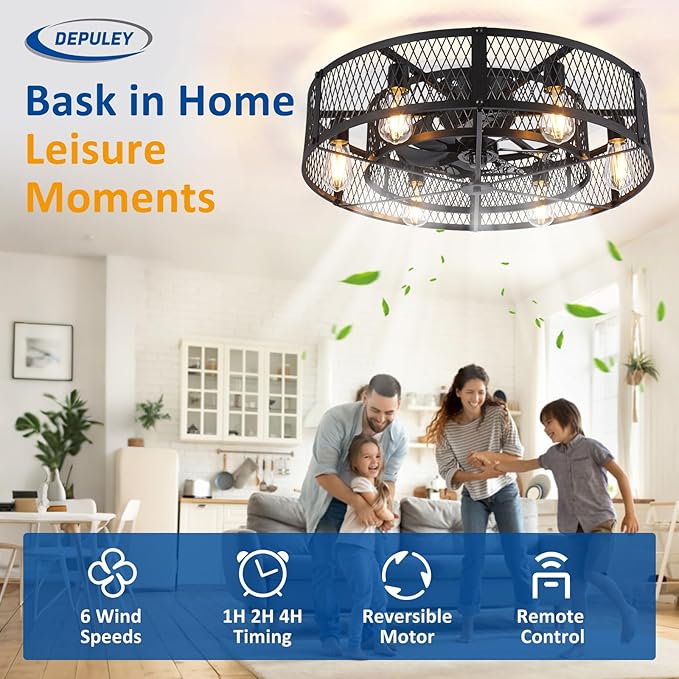 Depuley Low Profile Ceiling Fan: 26" Flush Mount Ceiling Fan Lights Reversible - Industrial Caged Ceiling Fans Light Fixture 6 Speeds for Bedroom Kitchen Black E26 Base Bulbs Not Included
