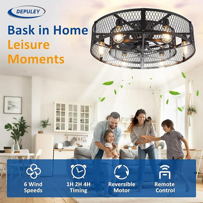 Depuley Low Profile Ceiling Fan: 26" Flush Mount Ceiling Fan Lights Reversible - Industrial Caged Ceiling Fans Light Fixture 6 Speeds for Bedroom Kitchen Black E26 Base Bulbs Not Included