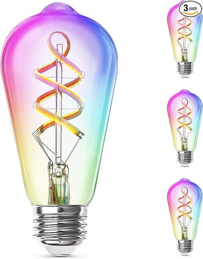 Feit Electric Smart ST21 Light Bulb, 60W Eq, Dimmable, Spiral Filament Edison Style. WiFi Enabled, Works with Alexa/Google Home, Millions of Colors, 15,000-Hr. Lifetime, ST2160RGBWFILAG/RP/3, 3 Pack