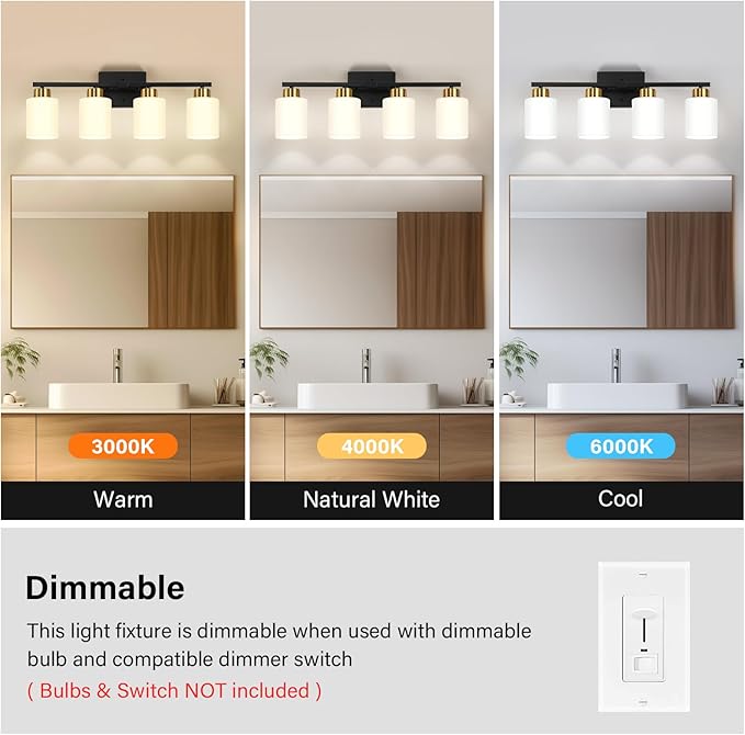 FonmYim Black and Gold Bathroom Light Fixtures, 4-Light Modern Vanity Light Over Mirror, Wall Sconces with Milky White Frosted Glass Shades, E26 Socket (Bulbs Not Included)