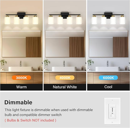 FonmYim Black and Gold Bathroom Light Fixtures, 4-Light Modern Vanity Light Over Mirror, Wall Sconces with Milky White Frosted Glass Shades, E26 Socket (Bulbs Not Included)