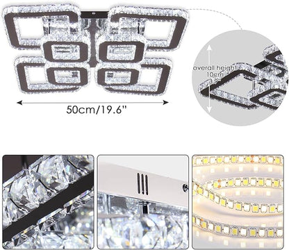 FRIXCHUR 20 Inch Dimmable Crystal Chandelier Flush Mount Ceiling Light 8-Light Square LED with Remote 72W 6120LM Modern K9 Crystal Chandelier for Living Room Bedroom Dining Room