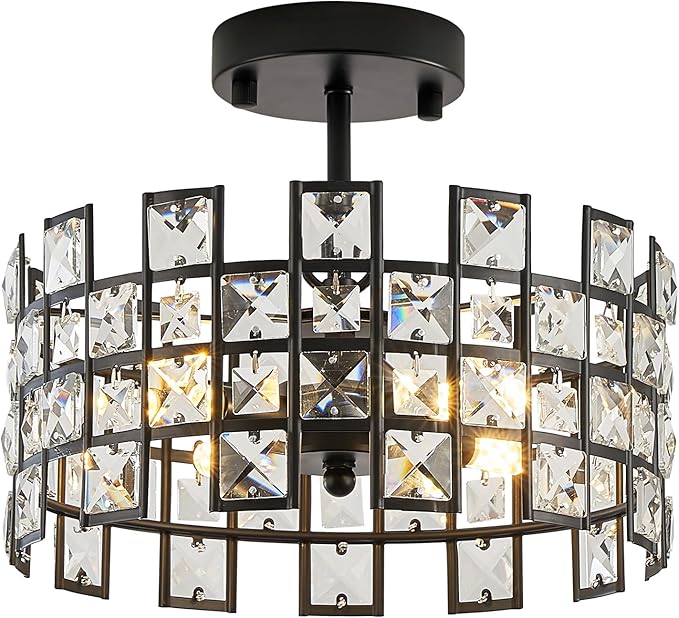 CATINER Black Crystal Pendant Light, 12'' Round 4-Light Modern Chandelier, Semi Flush Mount Ceiling Light for Kitchen Island, Dining Room, Bedroom, Entryway, Hallway, Foyer