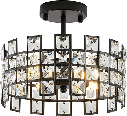 CATINER Black Crystal Pendant Light, 12'' Round 4-Light Modern Chandelier, Semi Flush Mount Ceiling Light for Kitchen Island, Dining Room, Bedroom, Entryway, Hallway, Foyer