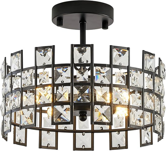 CATINER Black Crystal Pendant Light, 12'' Round 4-Light Modern Chandelier, Semi Flush Mount Ceiling Light for Kitchen Island, Dining Room, Bedroom, Entryway, Hallway, Foyer