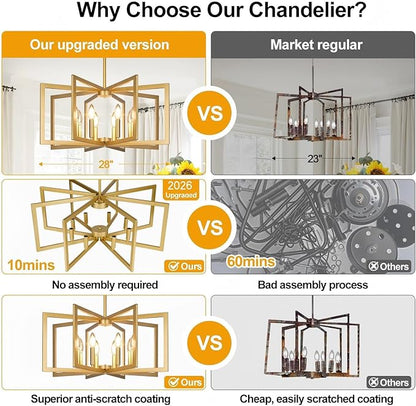 28" Modern Gold Chandelier for Dining Room, No Assembly Required Black Dining Room Light Fixture Over Table, Industrial Metal Hanging Pendant Lights Fixture for Kitchen Island, Entryway, Foyer