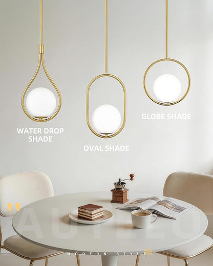 AUTELO 2 Pack Pendant Lights, Pendant Lights Kitchen Island in Brushed Gold Finish with Milky White Globe Glass, Gold Pendant Light Fixtures, Vintage Hanging Lights for Kitchen Island H9377 MGBG-2PK