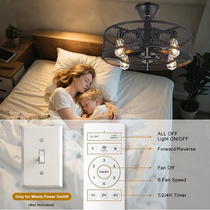 Depuley Caged Ceiling Fan with Light: 20" Black Small Fandelier Ceiling Fan with Remote - Farmhouse Fandelier with Fan Light Fixture for Low Profile Indoor Bedroon Kitchen Living Dining Room