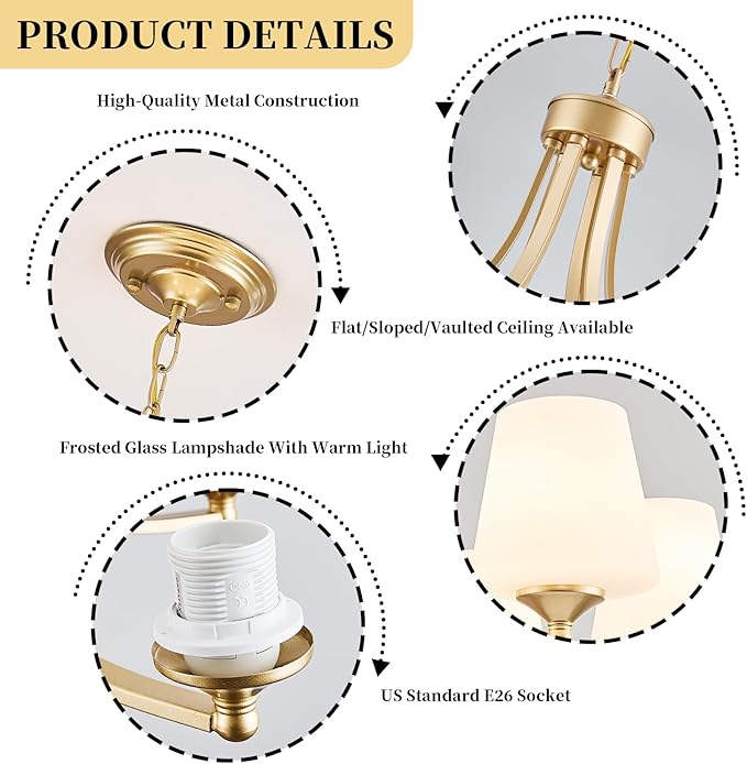 6-Light Modern Gold Chandeliers for Dining Room 47.2'' Adjustable Height Farmhouse Pendant Light with Frosted Glass Shades,Gold Round Chandeliers Hanging Lamp for Kitchen Island Dining Table Entryway