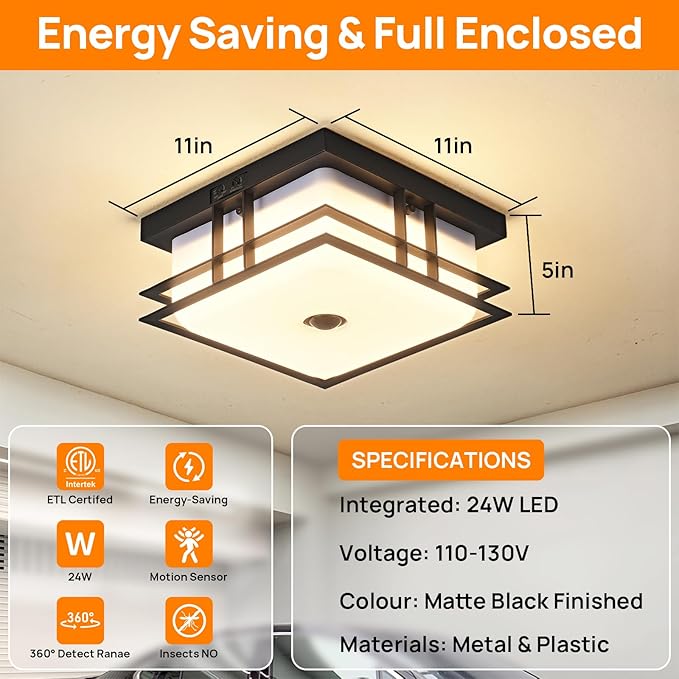 LED Motion Sensor Outdoor Ceiling Light with Acrylic Shade 24W 5CCT Flush Mount Ceiling Fixture for Porch, Patio, Balcony, Garage
