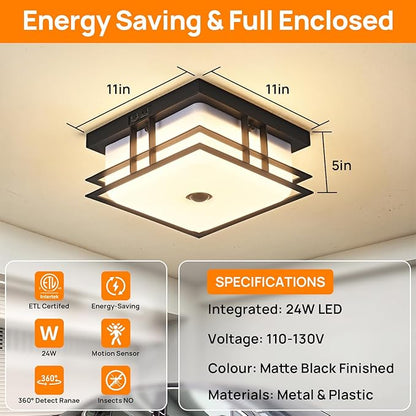 LED Motion Sensor Outdoor Ceiling Light with Acrylic Shade 24W 5CCT Flush Mount Ceiling Fixture for Porch, Patio, Balcony, Garage