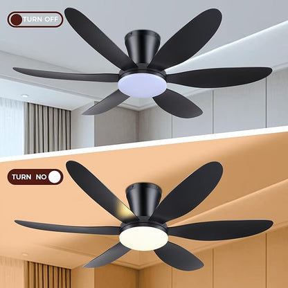 GJeg Ceiling Fans with Lights,42" Low Profile Ceiling Fan with Light and Remote Control,Flush Mount, Reversible, Dimmable, Noiseless, Black Ceiling Fan for Bedroom