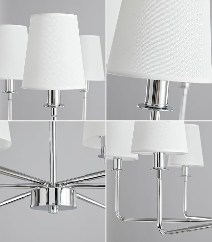 6-Light Chrome Farmhouse Chandelier with Linen Shades, E12 Base Industrial Ceiling Light Fixture, Adjustable Chain for Sloped Ceilings, Kitchen Island & Dining Room Fixture
