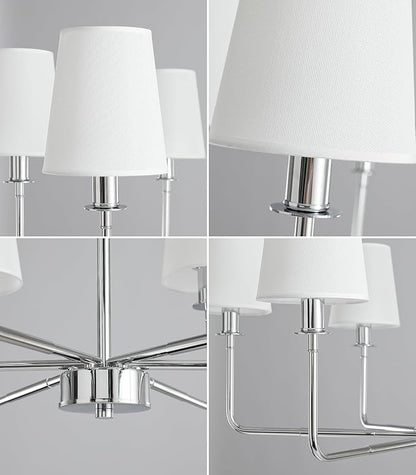 6-Light Chrome Farmhouse Chandelier with Linen Shades, E12 Base Industrial Ceiling Light Fixture, Adjustable Chain for Sloped Ceilings, Kitchen Island & Dining Room Fixture