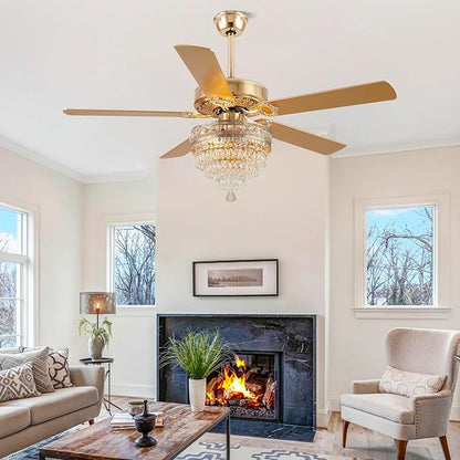 52“Crystal Ceiling Fan Fandelier with Lights - Modern Golden Crystal Chandelier Fans with Remote Control，Retro/Farmhouse Lighting, Dining Room,Living Room Ceiling Fan Light with Noiseless DC Motor