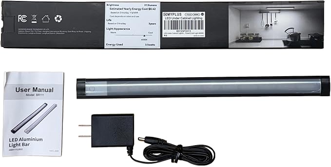 MYPLUS Under Cabinet Lights, 12" Touch Activated and Dimmable Aluminum LED Bar for Kitchen, Workbench and Desk, Warm White 3000K, Plug-in, Black.