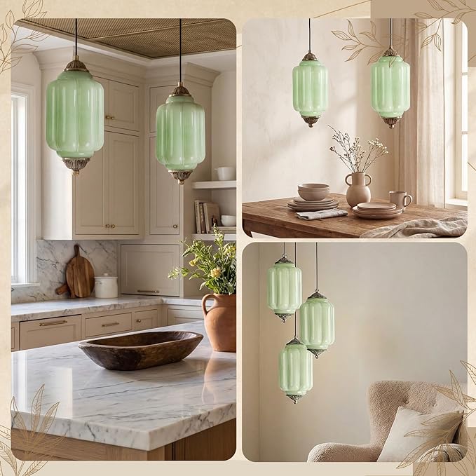 Gerrii 2 Pack Vintage Milk Glass Pendant Lights 5.5″ Green Brass Ceiling Hanging Light Fixtures Antique Pendant Lighting for Kitchen Island, Dining Room, Bedroom, Hallway, E12 Bulb Included