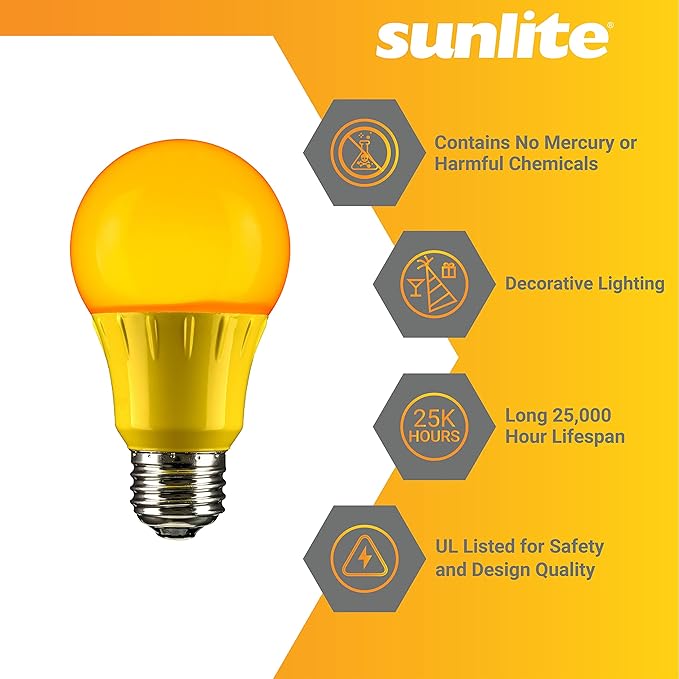 Sunlite 80149 LED A19 Colored Light Bulb, 3 Watts (25w Equivalent), E26 Medium Base, Non-Dimmable, UL Listed, Party Decoration, Holiday Lighting, 1 Count, Amber