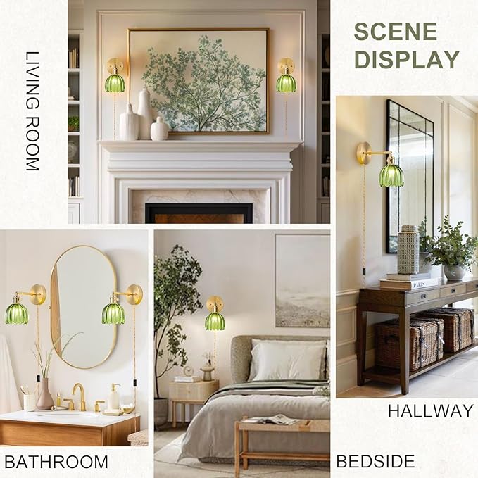 Plug in Wall Sconce, Vintage Sconce Light with Tulip Green Glass Lampshade, Bedside Wall Sconce with Switch and Plug in Wall Lamp Cord, Gold Wall Light for Bedroom