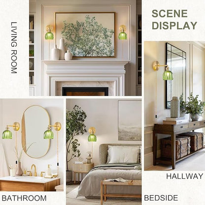 Plug in Wall Sconce, Vintage Sconce Light with Tulip Green Glass Lampshade, Bedside Wall Sconce with Switch and Plug in Wall Lamp Cord, Gold Wall Light for Bedroom