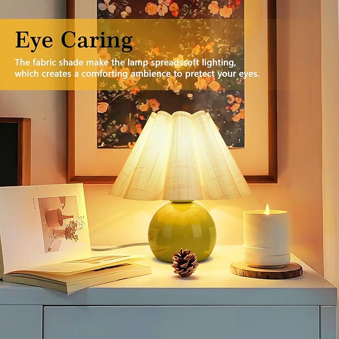 Green Small Touch Control Table Lamp for Bedroom, Green Bedside Lamps for Nightstand, Cute Mini Small Table Lamps for Small Spaces with Scalloped Shade for Kitchen Counter, Bookshelf, Living Room