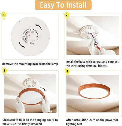 9 Inch LED Wood Grain Flush Mount Ceiling Light Fixtures Set of 2, Modern 22W Round Flat Overhead 3000K-4000K-6000K Selectable Ceiling Lamps for Bedroom, Living Room, Kitchen, Entryway