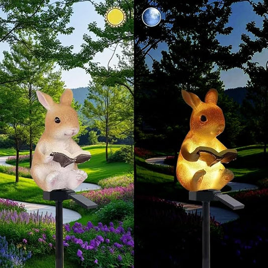 Solar Powered Rabbit Reading Lights, Garden Decorative Resin Cute Animal Ground lamp, Wireless Dusk to Dawn LED Lights Waterproof.