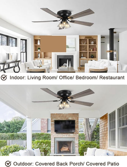 52 Inch Vintage Ceiling Fan with Lights Flush Mount Chandelier Ceiling Fan Indoor Farmhouse Rustic Chandelier Low Profile Antique Fandelier, 3 LED Light Bulbs Base, for Bedroom Living Room