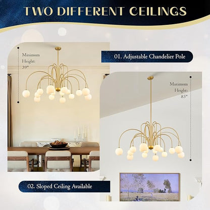 Extra Large Mid Century Sputnik Chandelier L59’’ 18 Lights Modern Gold Milk Glass Globe Ceiling Pendant Light Fixture for Foyer Staircase Living Dining Room High Ceiling