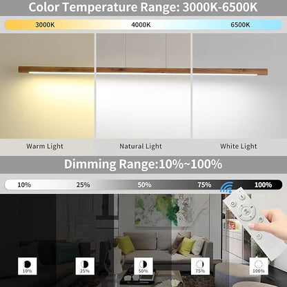 Modern Wooden Pendant Light, 47IN Walnut Wooden Chandelier with Remote Control 3000k-6500K Adjustable Color Temperature，Aluminum Island Lighting Lamp for Dining Room, Living Room, Kitchen