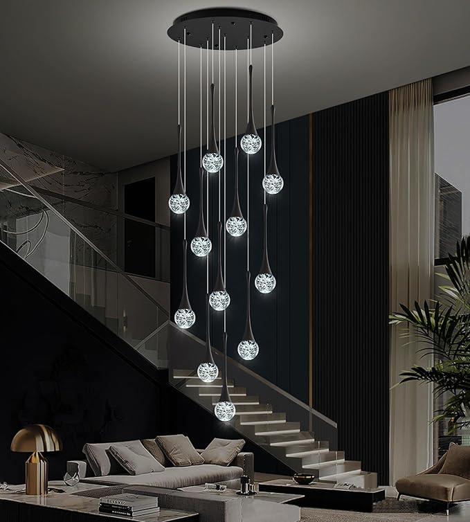 Modern Black Crystal Chandelier for High Ceiling 12-Lights, 120 Inches Luxury Spiral Dimmable LED Bubble Raindrop Pendant Lighting Fixture for Staircase Foyer Entryway Living Room