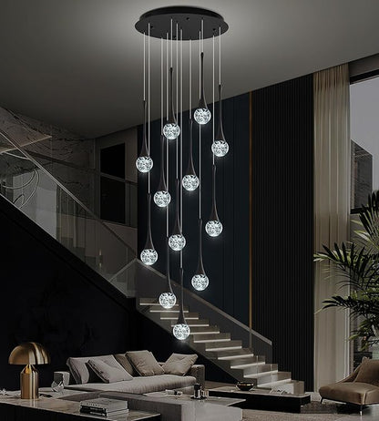 Modern Black Crystal Chandelier for High Ceiling 12-Lights, 120 Inches Luxury Spiral Dimmable LED Bubble Raindrop Pendant Lighting Fixture for Staircase Foyer Entryway Living Room