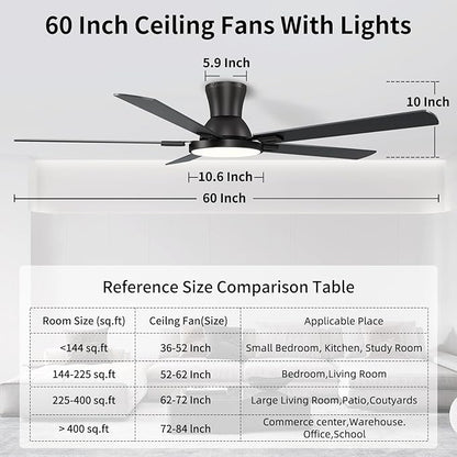 60 Inch Black Ceiling Fans with Lights and Remote, Flush Mount Low Profile 5 Blades Ceiling Fan with 10 Inch Lighting Fixture, Quiet Reversible DC Motor for Living Room, Bedroom and Patio
