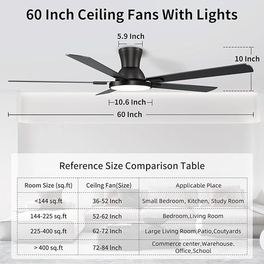 60 Inch Black Ceiling Fans with Lights and Remote, Flush Mount Low Profile 5 Blades Ceiling Fan with 10 Inch Lighting Fixture, Quiet Reversible DC Motor for Living Room, Bedroom and Patio
