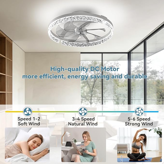 AIKVSXER Ceiling Fans with Lights,20 Inch Low Profile Fandelier with APP Control, Ultra Quiet,3CCT and 6 Wind Speeds for Bedroom, Living Room Modern Flush Mount Fan Light (White, 20inch-Crystal Fold)