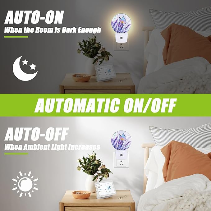 Lavender Flowers Night Light,Watercolor Butterfly Night Lights Plug into Wall for Kitchens Toilets Bedroom Decorative Half Round Nightlight Led Lamp 0.5W Sleep Friendly