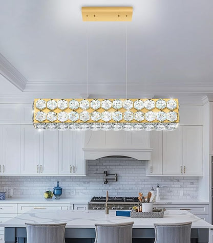 24'' Modern Crystal Chandelier for Dining Room Ceiling Light Fixture for Living Room Hallway Lighting LED Dimmable with Remote Gold