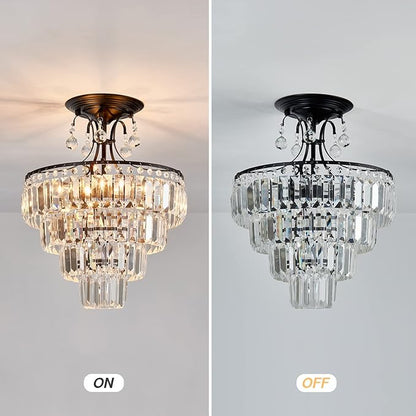CVKASH 5 -Lights Crystal Round Chandelier Antique Modern Black Semi Flush Mount Ceiling Light Fixture Ceiling Lighting for Living Room Dining Room Bedroom Entryway Foyer Bathroom with E12