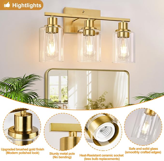 Indoi 3-Light Vanity Lights with Clear Glass Shades, Brushed Gold Bathroom Light Fixtures Over Mirror, Modern Bathroom Wall Lamp for Mirror Living Room Cabinet Bedroom Porch