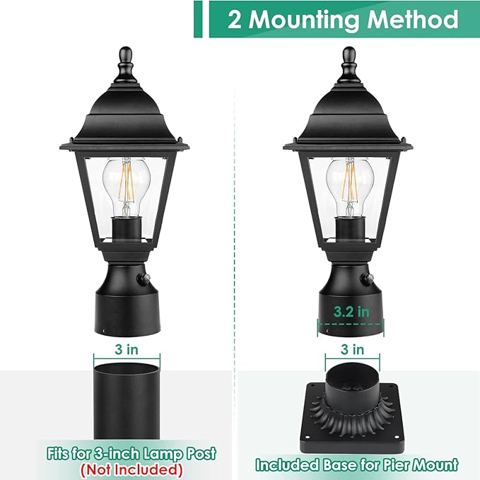 FOLKSMATE Dusk to Dawn Outdoor Post Lights, 2-Pack Large Waterproof Outside Post Lamps with Pier Mount, Exterior Pole Lantern with Clear Glass, Matte Black Light Fixture for Patio, Garden, Walkway