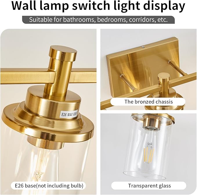 Brushed Brass 6-Light Vanity Light Fixtures with Clear Glass Shades Over Mirror for Bathroom, Living Room, Hallway